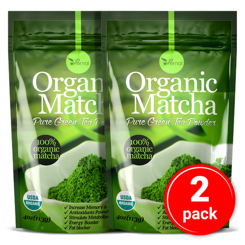 2 Pack Organic Matcha Green Tea Powder (4 Oz) - 100% Pure Matcha for Smoothies Latte and Baking Easy to Mix