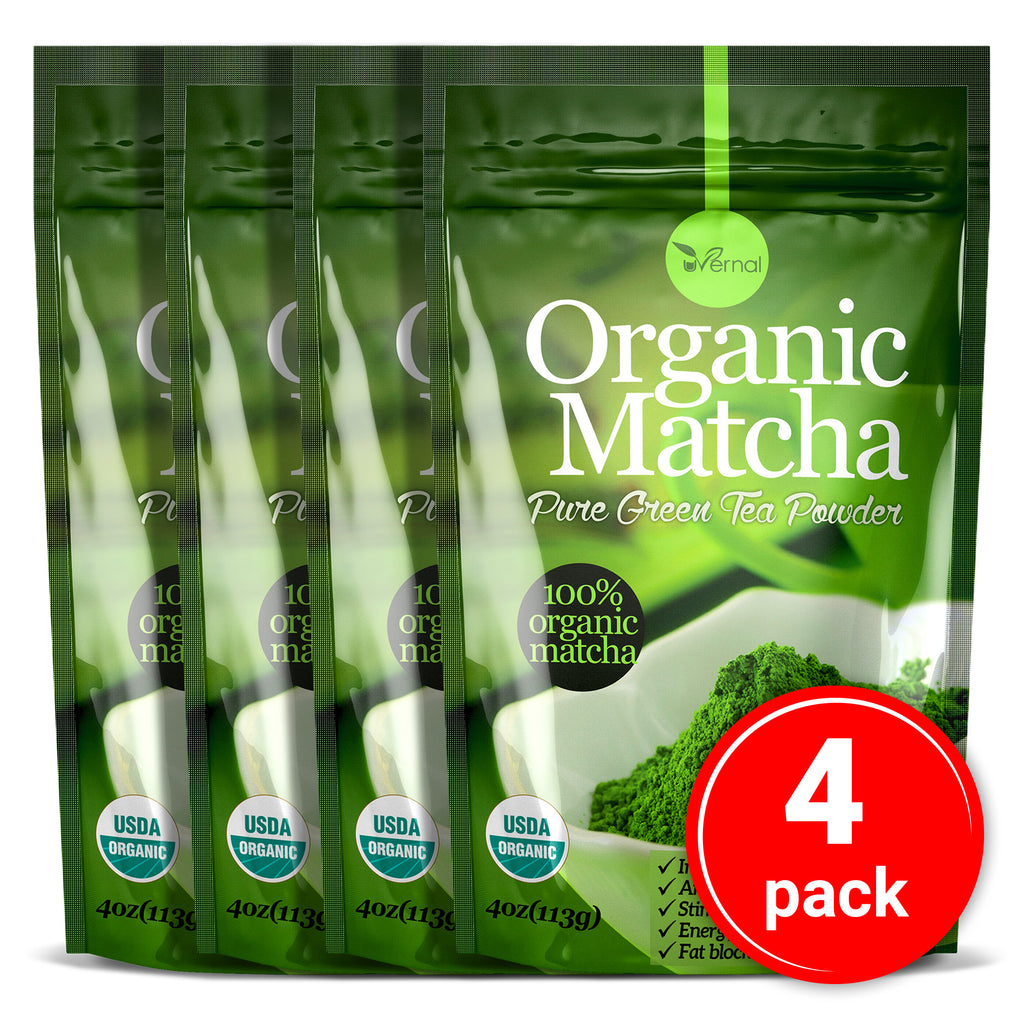 4 Pack Organic Matcha Green Tea Powder (4 Oz) - 100% Pure Matcha for Smoothies Latte and Baking Easy to Mix