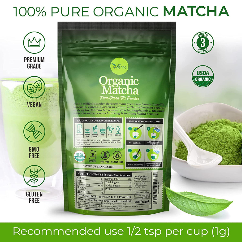 4 Pack Organic Matcha Green Tea Powder (4 Oz) - 100% Pure Matcha for Smoothies Latte and Baking Easy to Mix